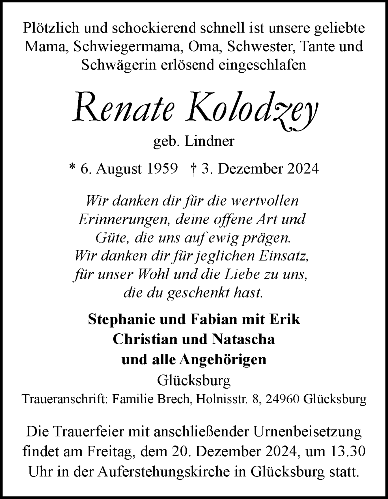  Traueranzeige für Renate Kolodzey vom 14.12.2024 aus Flensburger Tageblatt, Schleswiger Nachrichten, Schlei-Bote