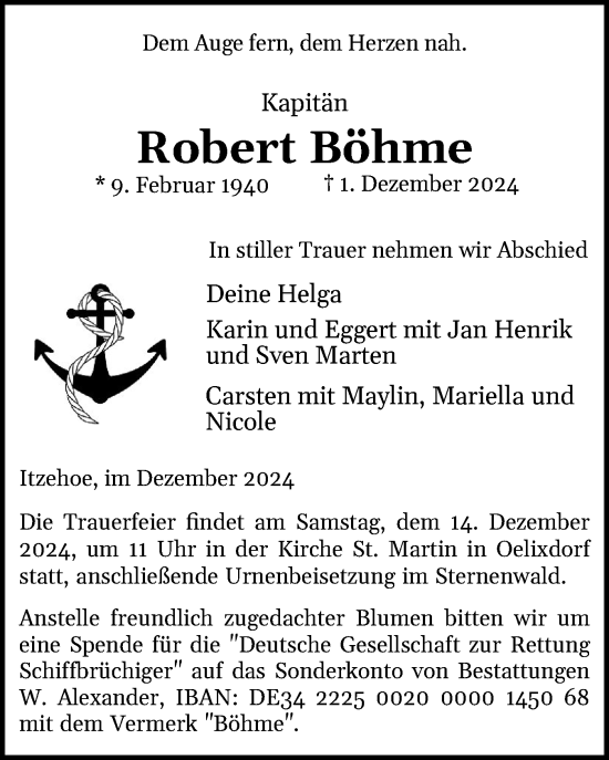 Traueranzeige von Robert Böhme von Norddeutsche Rundschau, Wilstersche Zeitung, Glückstädter Fortuna