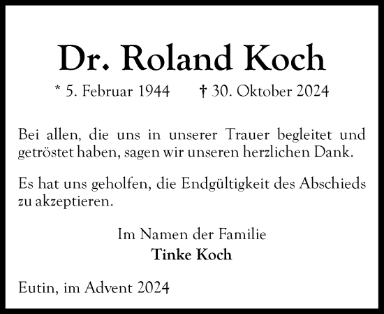 Traueranzeige von Roland Koch von Ostholsteiner Anzeiger