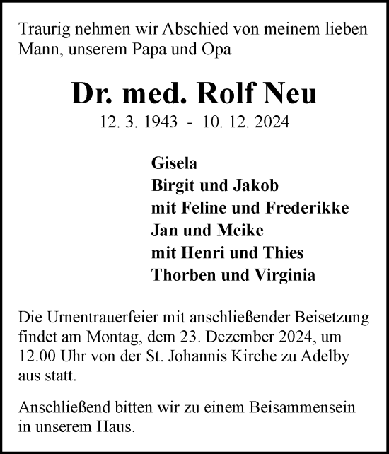 Traueranzeige von Rolf Neu von Flensburger Tageblatt