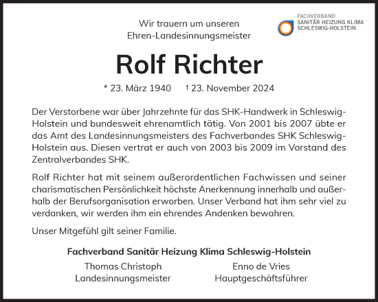 Traueranzeige von Rolf Richter von Schleswiger Nachrichten, Schlei-Bote, Eckernförder Zeitung