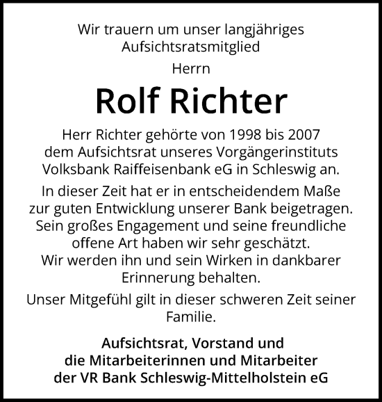 Traueranzeige von Rolf Richter von Schleswiger Nachrichten, Schlei-Bote