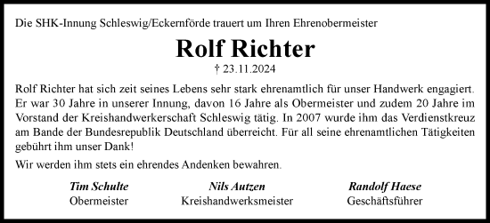 Traueranzeige von Rolf Richter von Schleswiger Nachrichten, Schlei-Bote