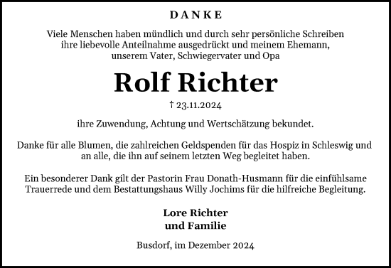 Traueranzeige von Rolf Richter von Schleswiger Nachrichten, Schlei-Bote