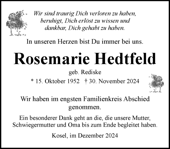 Traueranzeige von Rosemarie Hedtfeld von Eckernförder Zeitung, Hallo Eckernförde