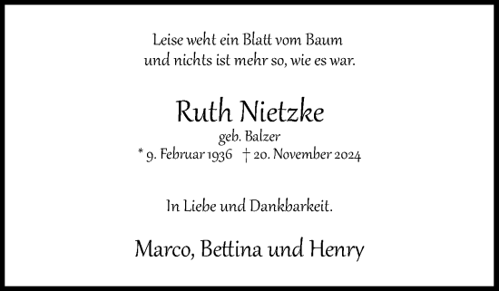 Traueranzeige von Ruth Nietzke von Uetersener Nachrichten, Der tip am Wochenende
