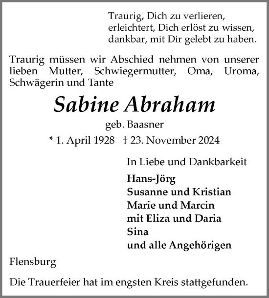 Traueranzeige von Sabine Abraham von Flensburger Tageblatt