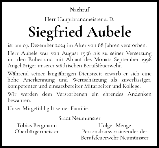 Traueranzeige von Siegfried Aubele von Holsteinischer Courier