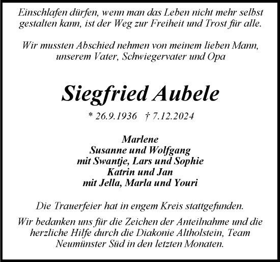 Traueranzeige von Siegfried Aubele von Holsteinischer Courier