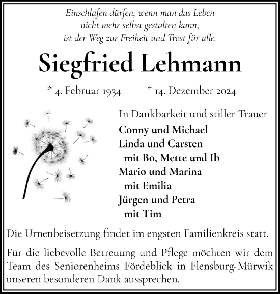 Traueranzeige von Siegfried Lehmann von Flensburger Tageblatt