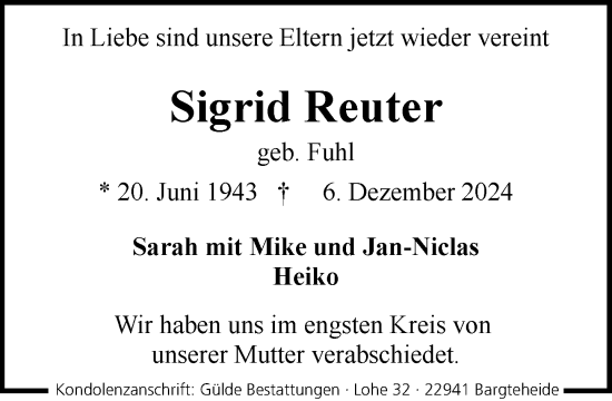 Traueranzeige von Sigrid Reuter von Stormaner Tageblatt