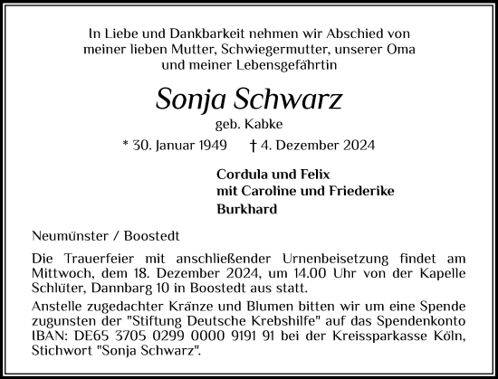 Traueranzeige von Sonja Schwarz von Holsteinischer Courier