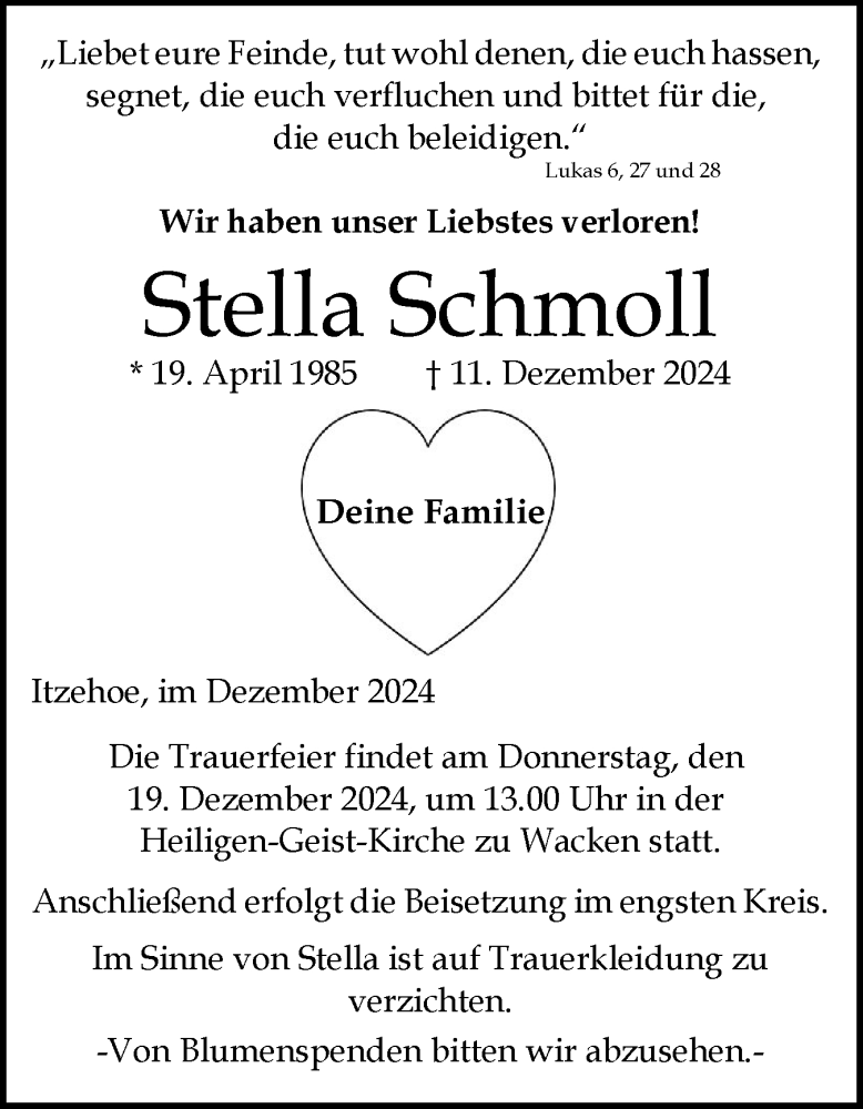  Traueranzeige für Stella Schmoll vom 14.12.2024 aus Schleswig-Holsteinische Landeszeitung
