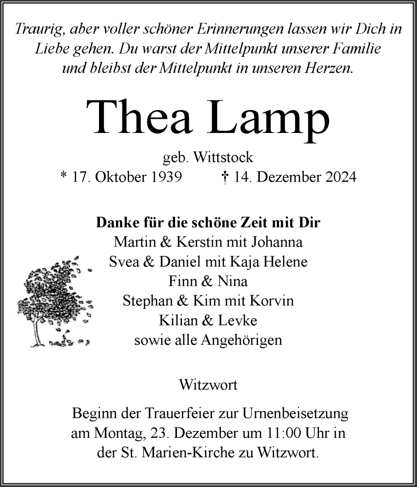  Traueranzeige für Thea Lamp vom 18.12.2024 aus Husumer Nachrichten, Nordfriesland Tageblatt