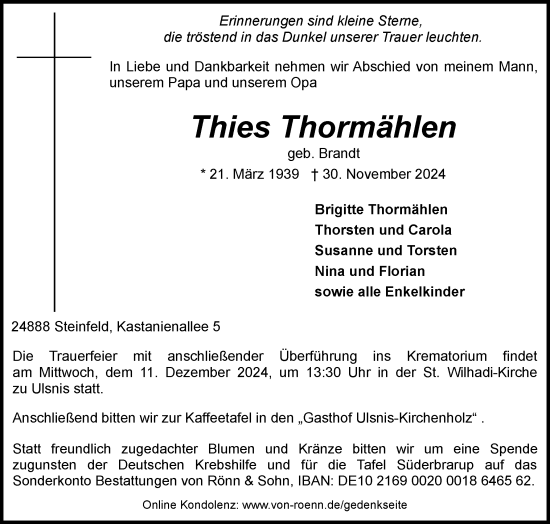 Traueranzeige von Thies Thormählen von Schleswiger Nachrichten, Schlei-Bote