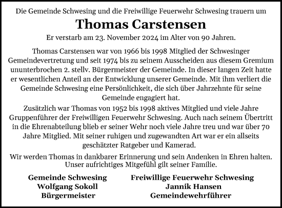 Traueranzeige von Thomas Carstensen von Husumer Nachrichten, Nordfriesland Tageblatt