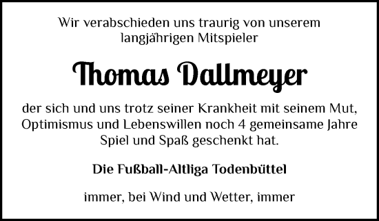 Traueranzeige von Thomas Dallmeyer von Schleswig-Holsteinische Landeszeitung