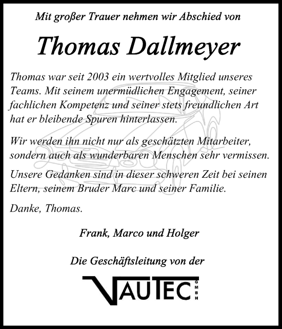 Traueranzeige von Thomas Dallmeyer von Schleswig-Holsteinische Landeszeitung