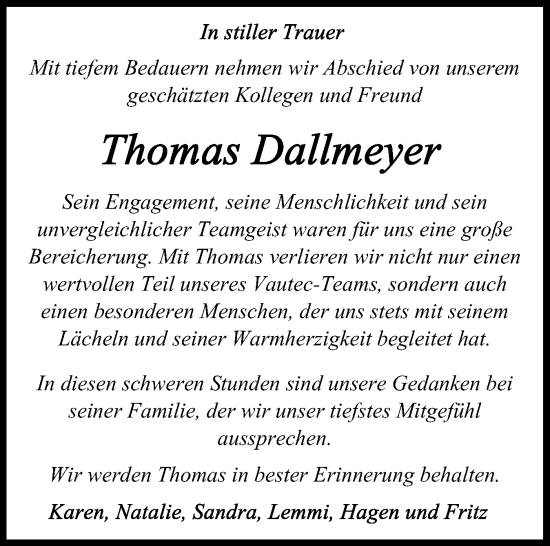 Traueranzeige von Thomas Dallmeyer von Schleswig-Holsteinische Landeszeitung
