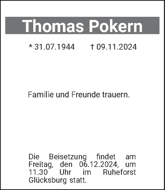 Traueranzeige von Thomas Pokern von Flensburger Tageblatt, Schleswiger Nachrichten, Schlei-Bote