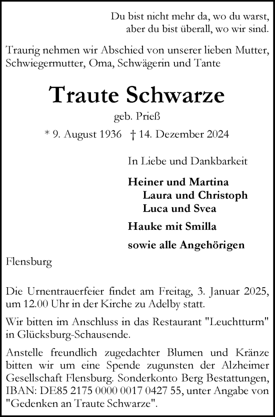 Traueranzeige von Traute Schwarze von Flensburger Tageblatt