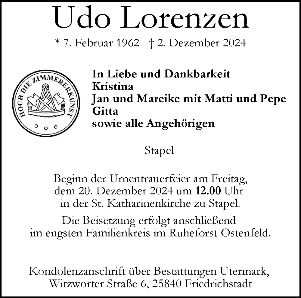  Traueranzeige für Udo Lorenzen vom 07.12.2024 aus Husumer Nachrichten, Nordfriesland Tageblatt
