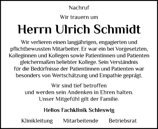 Traueranzeige von Ulrich Schmidt von Schleswiger Nachrichten, Schlei-Bote