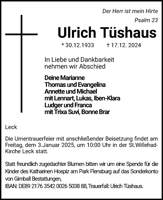 Traueranzeige von Ulrich Tüshaus von Husumer Nachrichten, Nordfriesland Tageblatt