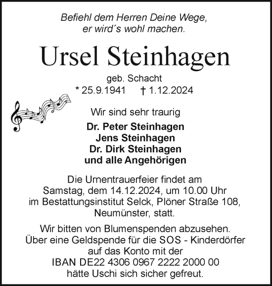 Traueranzeige von Ursel Steinhagen von Holsteinischer Courier