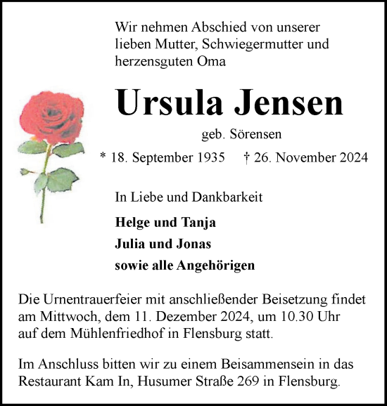 Traueranzeige von Ursula Jensen von Flensburger Tageblatt