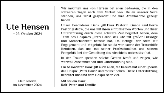 Traueranzeige von Ute Hensen von Schleswig-Holsteinische Landeszeitung