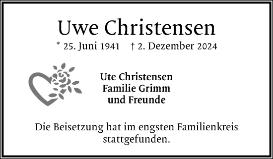 Traueranzeige von Uwe Christensen von Region Pinneberg und tip Pinneberg