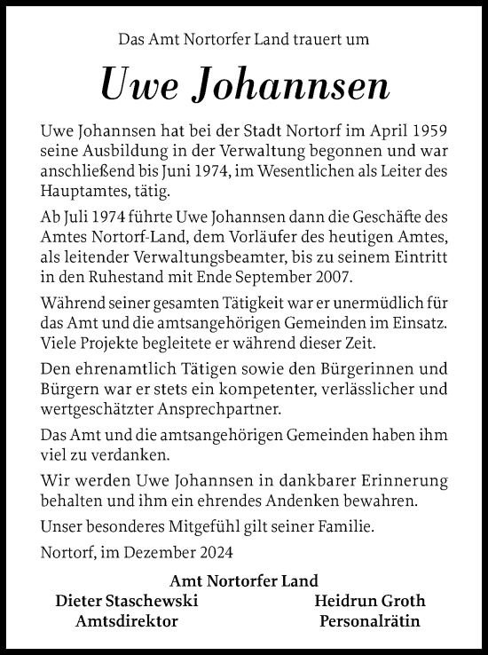 Traueranzeige von Uwe Johannsen von Schleswig-Holsteinische Landeszeitung