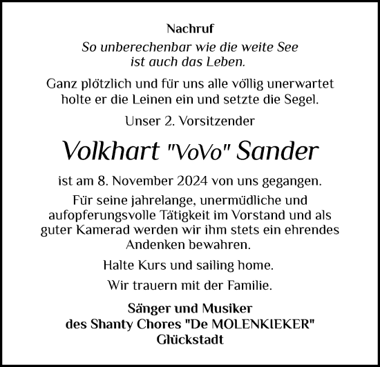 Traueranzeige von Volker Sander von Norddeutsche Rundschau, Wilstersche Zeitung, Glückstädter Fortuna