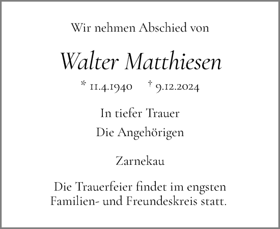 Traueranzeige von Walter Matthiesen von Ostholsteiner Anzeiger