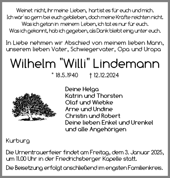 Traueranzeige von Wilhelm Lindemann von Schleswiger Nachrichten, Schlei-Bote