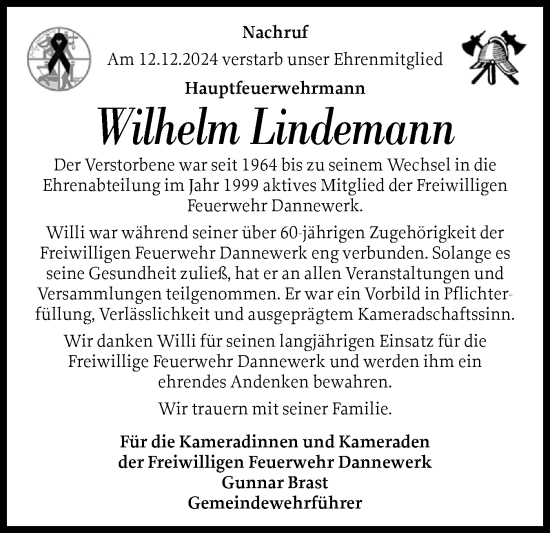 Traueranzeige von Wilhelm Lindemann von Schleswiger Nachrichten, Schlei-Bote