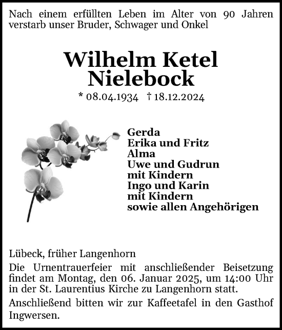 Traueranzeige von Wilhelm Ketel Nielebock von Husumer Nachrichten, Nordfriesland Tageblatt