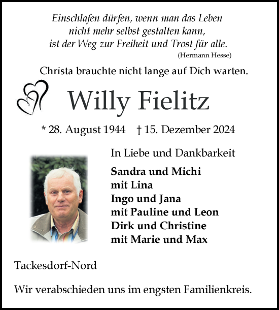 Traueranzeige von Willy Fielitz von Schleswig-Holsteinische Landeszeitung