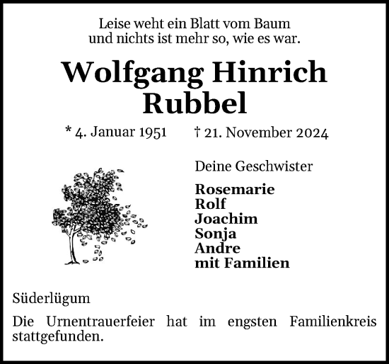 Traueranzeige von Wolfgang Hinrich Rubbel von Husumer Nachrichten, Nordfriesland Tageblatt