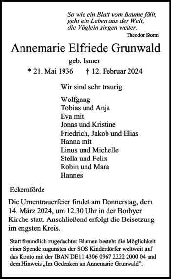 Traueranzeige von Annemarie Elfriede Grunwald von Eckernförder Zeitung