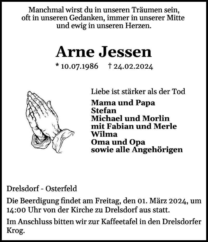  Traueranzeige für Arne Jessen vom 27.02.2024 aus Husumer Nachrichten