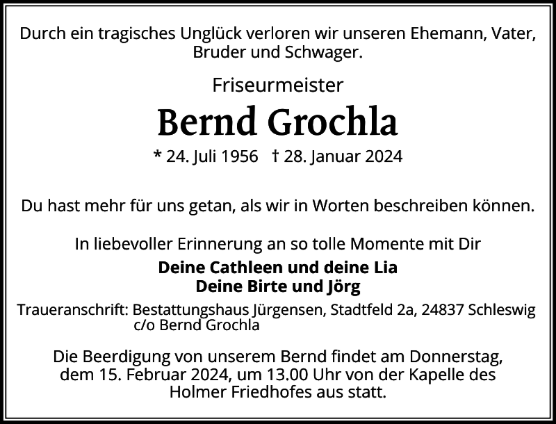  Traueranzeige für Bernd Grochla vom 10.02.2024 aus Schleswiger Nachrichten