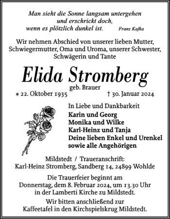 Traueranzeige von Elida Stromberg von Husumer Nachrichten