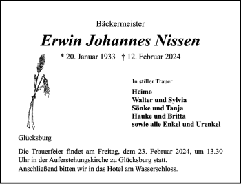 Traueranzeige von Erwin Johannes Nissen von Flensburger Tageblatt