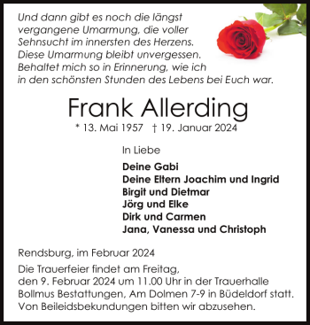 Traueranzeige von Frank Allerding von Landeszeitung