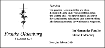 Traueranzeige von Frauke Oldenburg von Elmshorner Nachrichten
