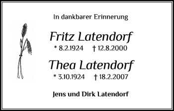 Traueranzeige von Fritz Latendorf Thea Latendorf von Ostholsteiner Anzeiger