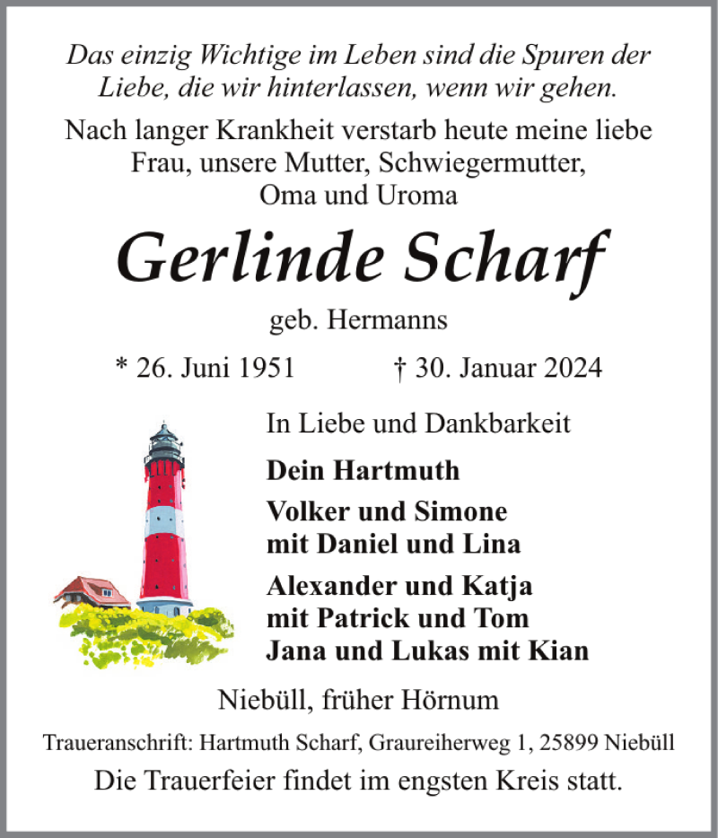  Traueranzeige für Gerlinde Scharf vom 07.02.2024 aus Sylter Rundschau