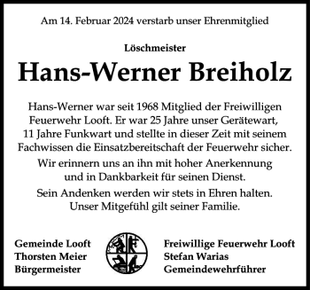 Traueranzeige von Hans-Werner Breiholz von Norddeutsche Rundschau